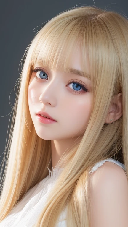 very beautiful face、Ridiculously super long silky bright beautiful blonde hair、super long super long straight silky hair、long bangs、14 year old cute sexy 、Very beautiful bright sky blue big eyes、very big eyes、目とblonde between the eyes、blonde hair above one eye、blonde between the eyes、very big eyes、rich bust、white skin、Shiny skin、gross face、cheek gloss highlight、eyeliner、small face beauty、round face