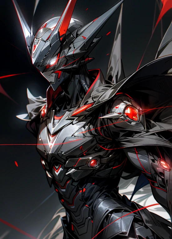 ultraman，non-human，Bio-sense，Pitch-black body，Bright red lines like blood vessels，A blue gem embedded in the chest like a vertical eye，sharp horns
