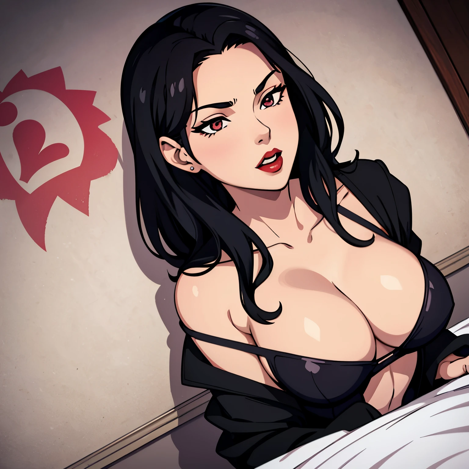  woman, MILF, neighbour black hair,  eyes, red lips,  aroused expression,  expression, pinned against a wall, upper body, medium , cleavage, bedroom, bed