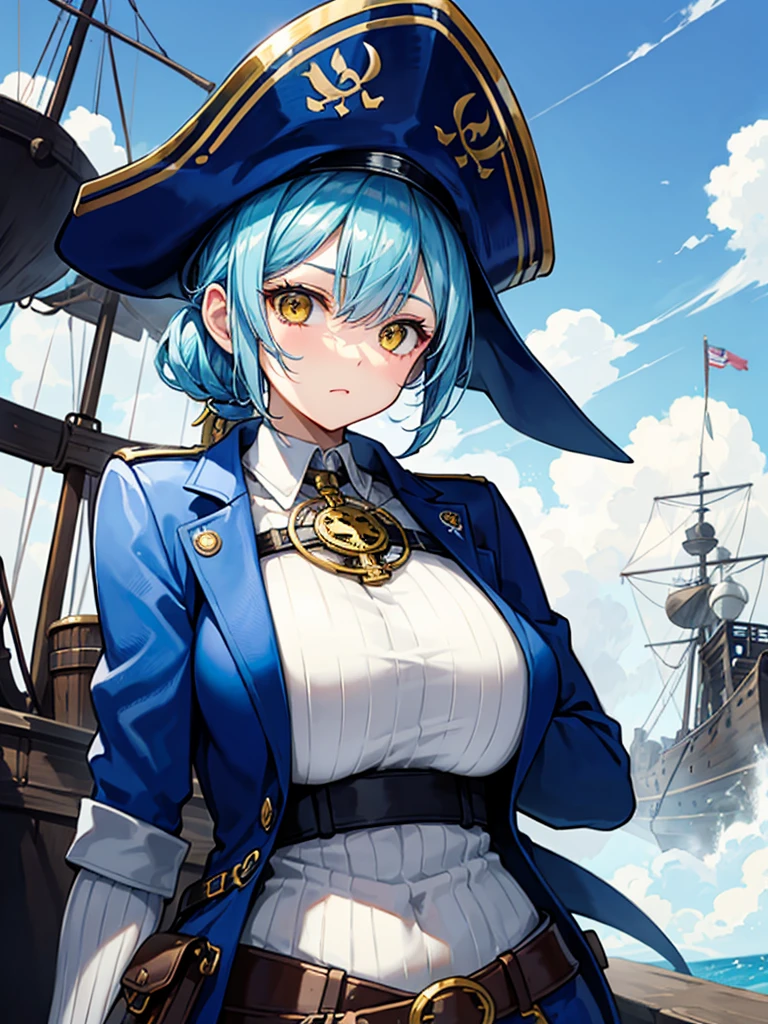 （（（masterpiece、Highest image quality、highest quality、highly detailed unity 8ｋwallpaper）））、（（Illustration of one girl、upper body））、（（（beautiful girl）））、（female pirate）、（Light light blue hair、short ponytail：1.2、yellow eyes）、（（（Right hand is a prosthetic hand、steampunk prosthetic arm）））、（（tall））、（（（muscle girl, muscle, bulky figure, massive frame, thick neck, sturdy arms, powerful legs）））、（captain&#39;s suit、Pirate hat、Blue coat）、Pirate ship deck