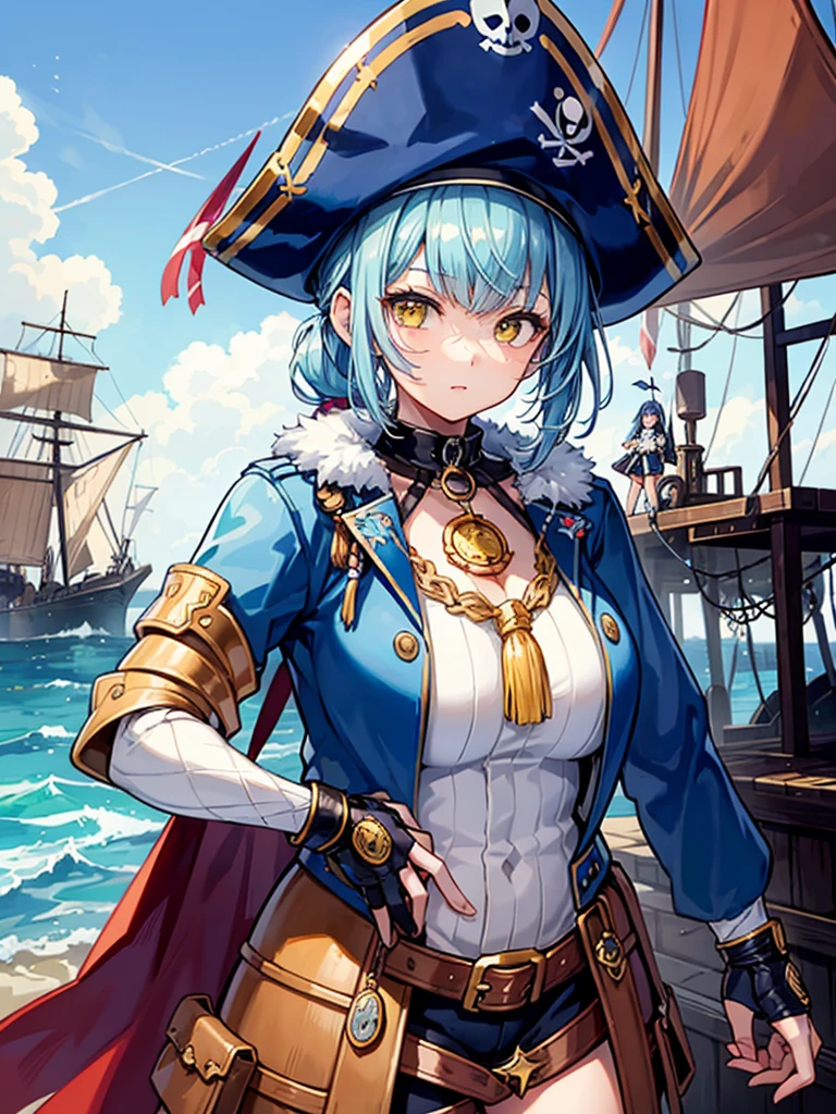 (((masterpiece、Highest image quality、highest quality、highly detailed unity 8kwallpaper)))、((Illustration of one girl、upper body))、(((beautiful girl)))、(female pirate)、(Light light blue hair、short ponytail:1.2、yellow eyes)、(((Right hand is a prosthetic hand、steampunk prosthetic arm)))、((tall))、(((muscle girl, muscle, bulky figure, massive frame, thick neck, sturdy arms, powerful legs)))、(captain's suit、Pirate hat、Blue coat)、Pirate ship deck