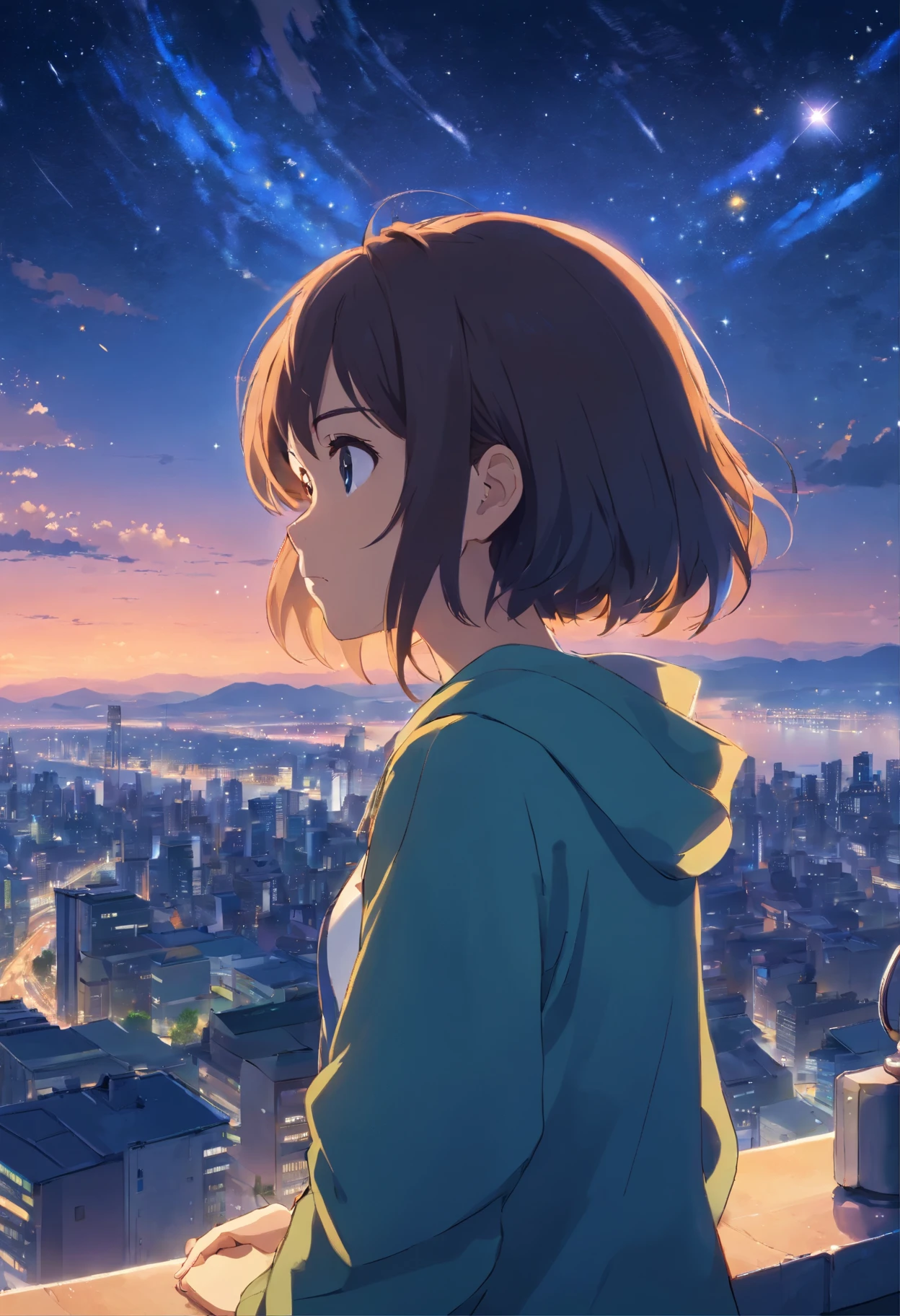Girl looking at the starry night sky of the city