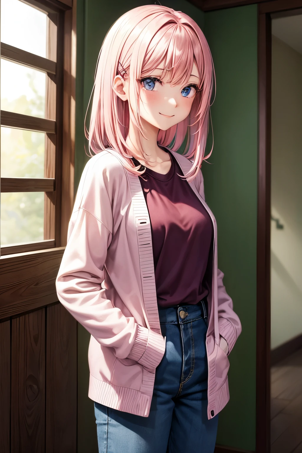 A 26 years old Japanese lady (( slender, medium breast )), , whole body straight  medium hair(( light red gradients ))(( one dianthus motif small hairpin )), much shaggy forelock,  ((pink gradients )) colors cardigan ((light green indigo gradients  shirt )), holding her arms in front,looking back pose,(( corners of her mouth are rising)),((no background))((  blue eyes, smile calmly )), put her hands in her pockets 