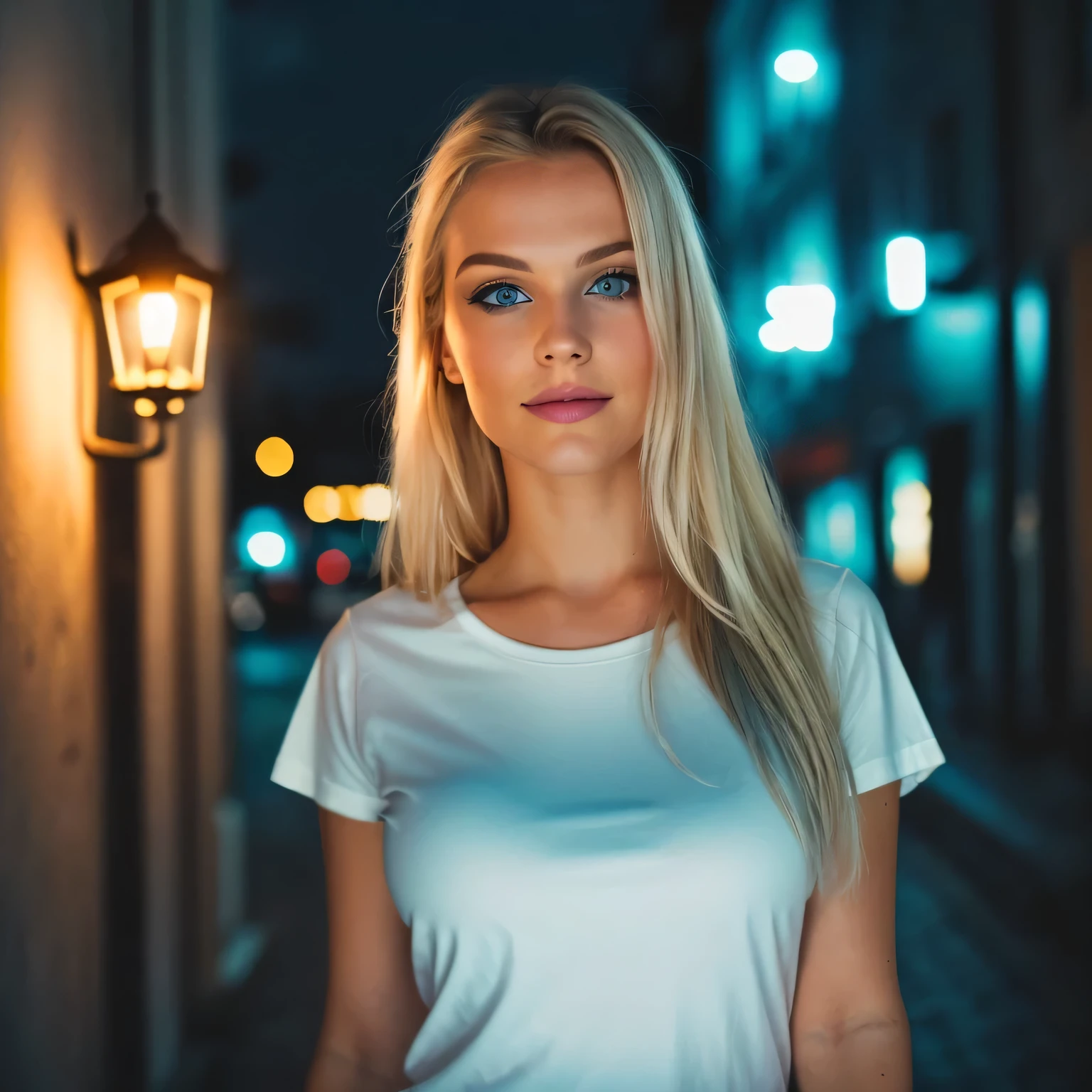 RAW UHD portrait photo of a 24-year-old blonde (light blue eyed woman) Eine helle Gasse entlanggehen, big ,, city at Nacht, (White crew neck t-shirt skirt), (Ausschnitt), Einzelheiten (Texturen! , Haar! , funkeln, Farbe!! , Nachteile: 1.1), shiny eyes with a high level of detail (schaut in die Kamera), Spiegelreflexbeleuchtung, Spiegelreflexkamera, Ultra quality, Sharpness, depth of field, Filmkorn (Center), Fujifilm XT3, kristallklar, frame Center, pretty face, scharfer Fokus, street lamp, Neonbeleuchtung, Bokeh (schwach beleuchtet), Nacht, (Nacht sky), Detaillierte Hautporen, Oily skin, Sonnenbrand, complex eye Einzelheiten, Full body, big