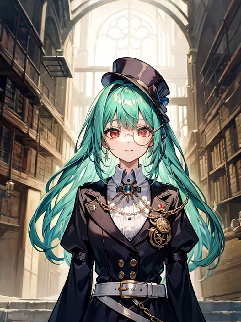 （（（masterpiece、Highest image quality、highest quality、highly detailed unity 8ｋwallpaper）））、（（Illustration of one girl、upper body））、（（（beautiful girl）））、（librarian）、（Emerald green hair、messy hair、sidelocks：1.2、red eyes、crazy smile）、（（（flat chest）））、（（（monocle）））、pocket watch、（（（Black top hat、Black tuxedo、belt）））、great medieval library、Large amount of books