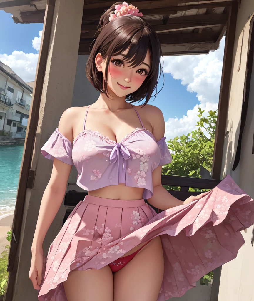one woman, alone, middle aged, きれいなmiddle agedの女性、I could see the whole body、 ((short hair)), ((brown eyes, beautiful eyelashes, realistic eyes)), ((detailed face, blush:1.2)), ((smooth texture:0.75, realistic texture:0.65, realistic:1.1, Anime CG style)), ((glamorous body)),((big breasts)), dynamic angle, perfect body, ((light purple sheer blouse, red skirt))、(Hotel stairs)、that'It's windy、(Very embarrassing panic smile)、I can see her panties sticking out in front of me., Angle seen from the top of the stairs、 (((The wind pulled up my skirt、My pants are completely exposed..、Pink floral panties)))、((masterpiece, highest quality, High resolution, perfect pixel, 8K,))),