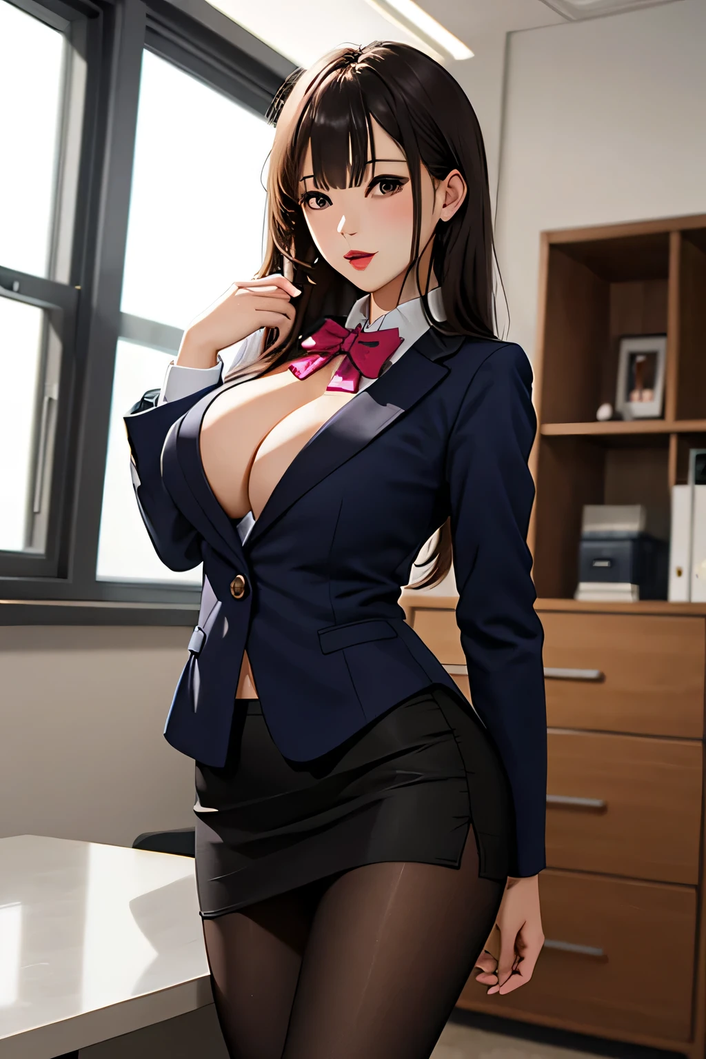 Super short skinny skirt with hips,Royal sister，pantyhose，big breasts，Sexy，temperament，bow tie，High heel，business attire，office