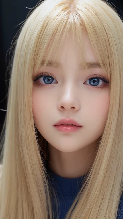 very beautiful face、Ridiculously super long silky bright beautiful blonde hair、super long super long straight silky hair、long bangs、14 year old cute sexy 、Very beautiful bright sky blue big eyes、very big eyes、目とblonde between the eyes、blonde hair above one eye、blonde between the eyes、very big eyes、rich bust、white skin、Shiny skin、gross face、cheek gloss highlight、eyeliner、small face beauty、round face