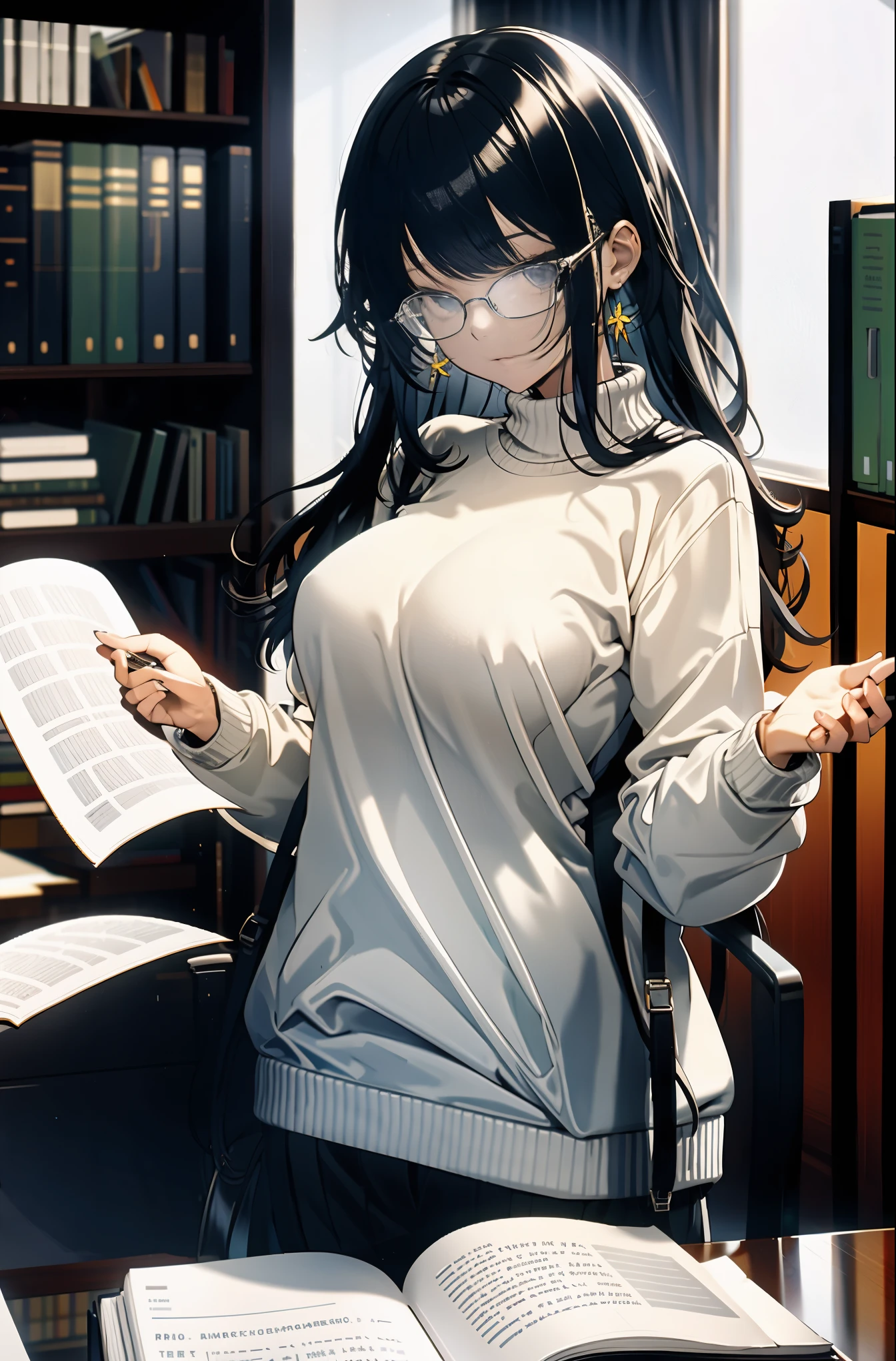 (masterpiece),(highest quality), Glasses, (embarrassing),sweater, at the library,large breasts,soft chest,perfect hands,kawaii,raw photo,