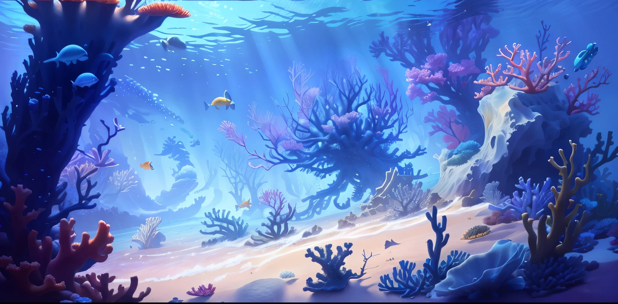 undersea environment，Undersea scene，coral，whale，Marine fish，Pearl oysters，Giant tree under the sea，jellyfish，Currents，bubble，seaweed，Sea sand