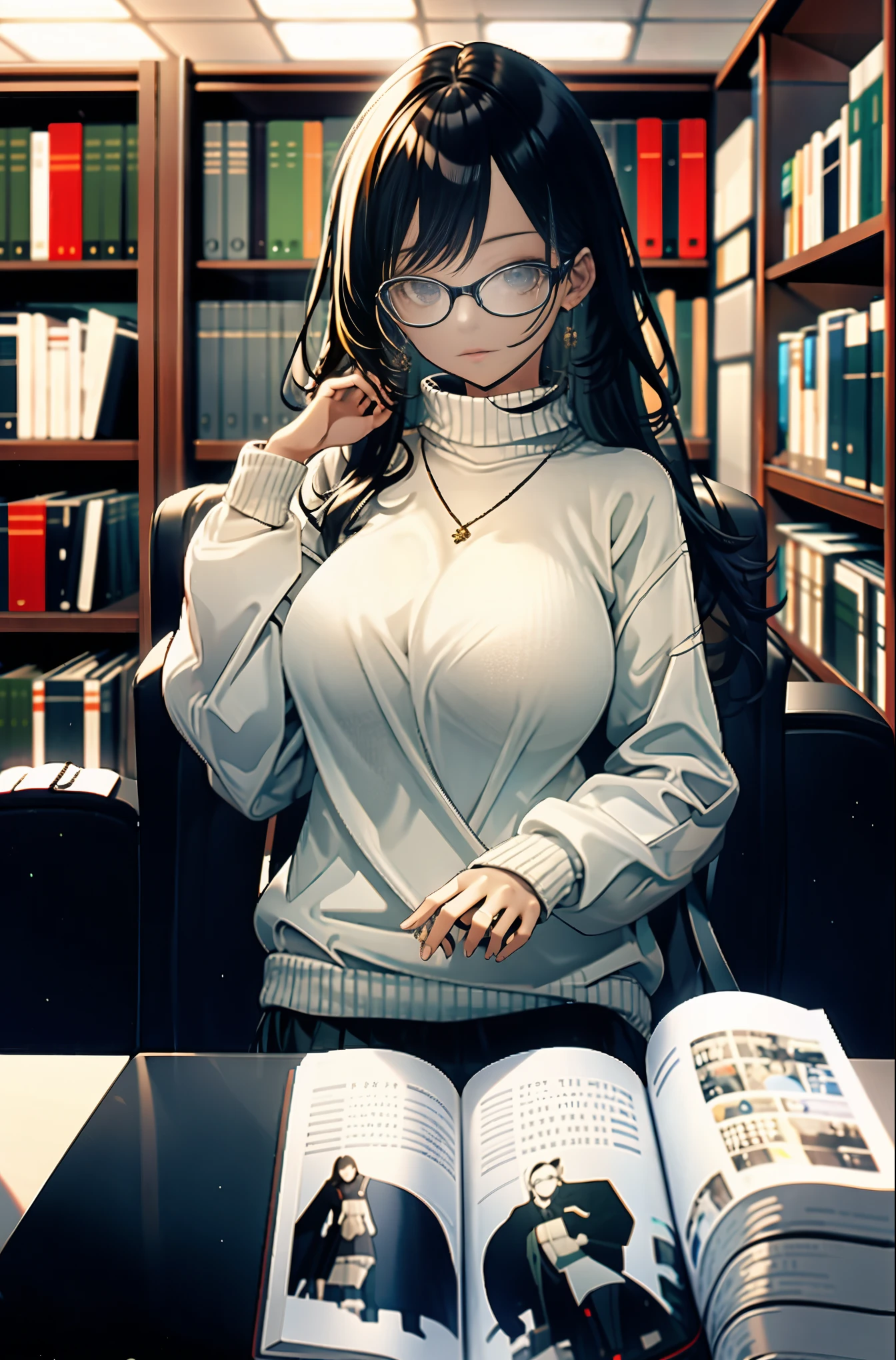 (masterpiece),(highest quality), Glasses, (embarrassing),sweater, at the library,large breasts,soft chest,perfect hands,kawaii,raw photo,