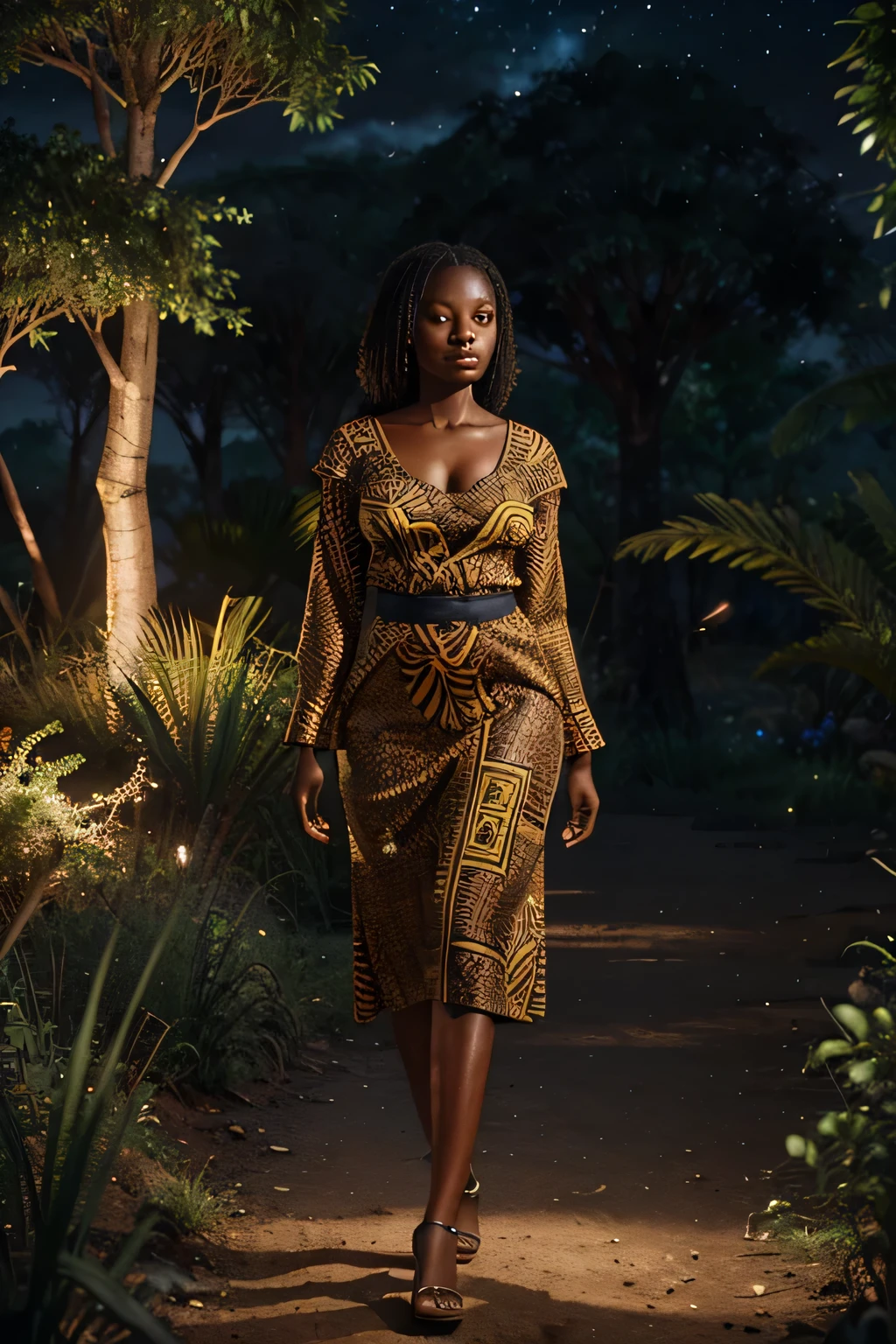 African woman dressed in african designed clothes, standing in the wilderness next to a sleeping lion, night time with fireflies shining all over the scene, blue light shining all over the scene, fantasy art, cinematic lighting, artgerm style, 32k, ultra HD, unreal engine rendered, hyper-realistic image