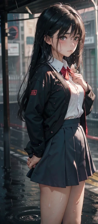 1 girl, long black hair,high school girl uniform, shy, blush, Wet, rain, transparent, (masterpiece, highest quality), soft light, cinematic composition, cinematic light