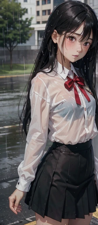 1 girl, long black hair,high school girl uniform, shy, blush, Wet, rain, transparent, (masterpiece, highest quality), soft light, cinematic composition, cinematic light