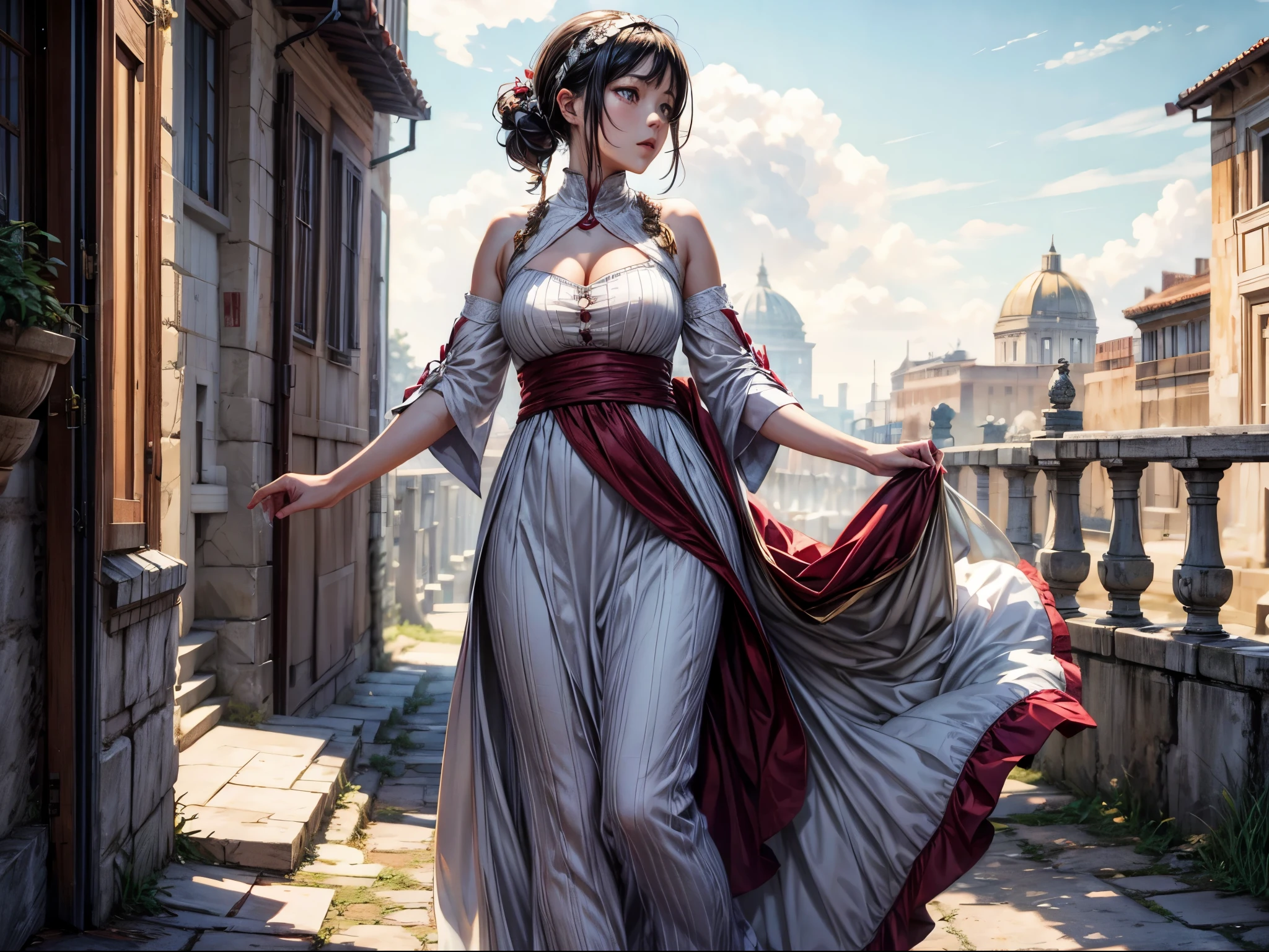 Roman noblewoman is walking to the ancient Rome street, white toga is blown by the wind