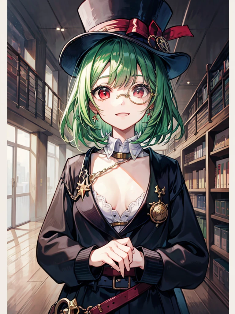 (((masterpiece、Highest image quality、highest quality、highly detailed unity 8kwallpaper)))、((Illustration of one girl、upper body))、(((beautiful girl)))、(librarian)、(Emerald green hair、messy hair、sidelocks:1.2、red eyes、crazy smile)、(((flat chest)))、(((monocle)))、pocket watch、(((Black top hat、Black tuxedo、belt)))、great medieval library、Large amount of books
