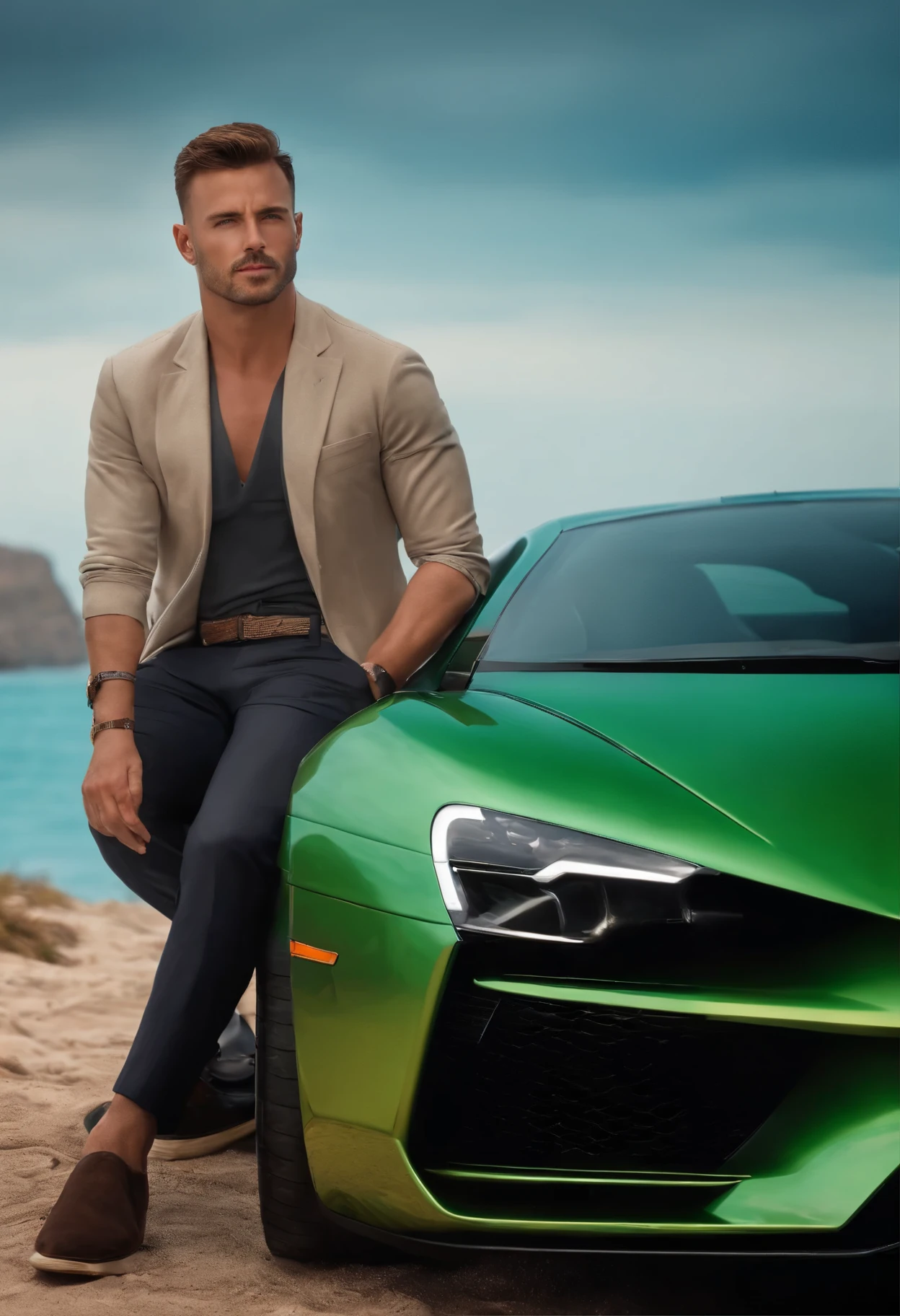 Realistic movie star portrait in a plain environment. Male, Short hair, unshaved, Smart look.next to his expensive supercar overlooking the ocean