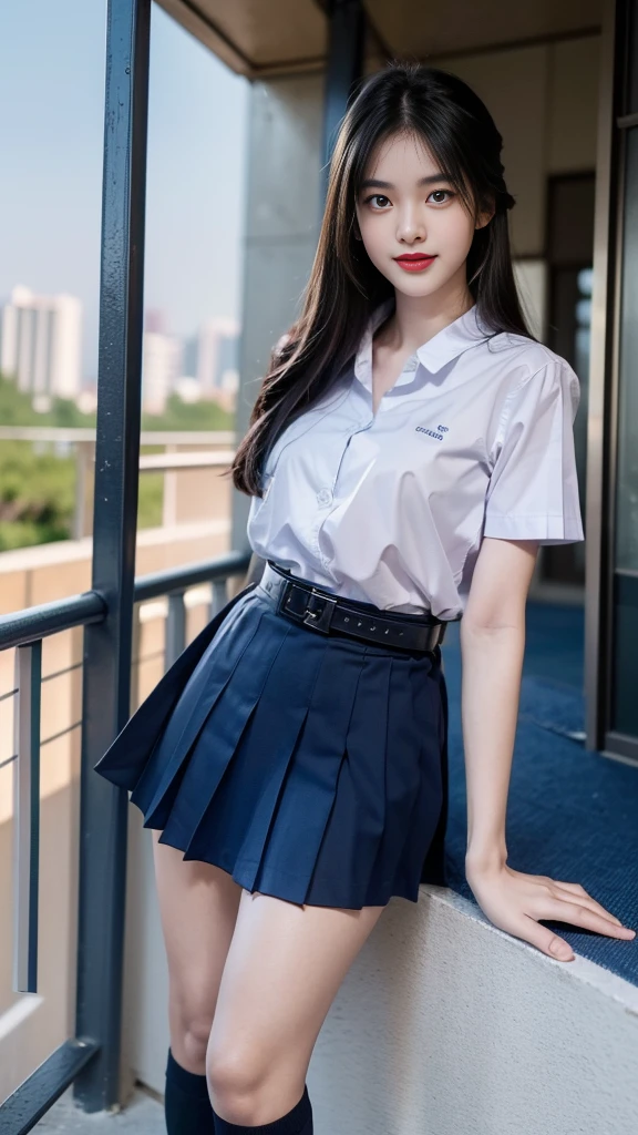 highest resolution, 8K, high definition, (((long hair))), (( thai student, half-caste, Thai-Japanese-Korean, Age 18-25 years, Height 173 centimeters)), (((stand, walk))) , (((Beautiful face, แต่งBeautiful face, Double eyelids, red lips, Smile at the corners of your mouth., Beautiful eyes))), ((beautiful woman, Real figure)), ((short sleeve, Thin white shirt, collar shirt)), ((Name embroidered in blue letters on the right chest of the shirt., have a name "Pornpitak" Rungruangpiwatsakul")), ((สัญลักษณ์โลโก้schoolที่อกซ้าย)), ((Dark blue long pleated skirt., Cover the whole leg)), ((Navy blue skirt, มีbeltผู้หญิง)), ((Big breasts, Breast augmentation)), ((Symmetrical figure, Sexy Body)), ((thin, small waist)), ((black elementary school shoes, Short white socks)), ((Wear a watch, belt)), ((HERMES BIRKIN bag)), (((Full body, look at every part of the body))), ((background, balcony, building, school, building))