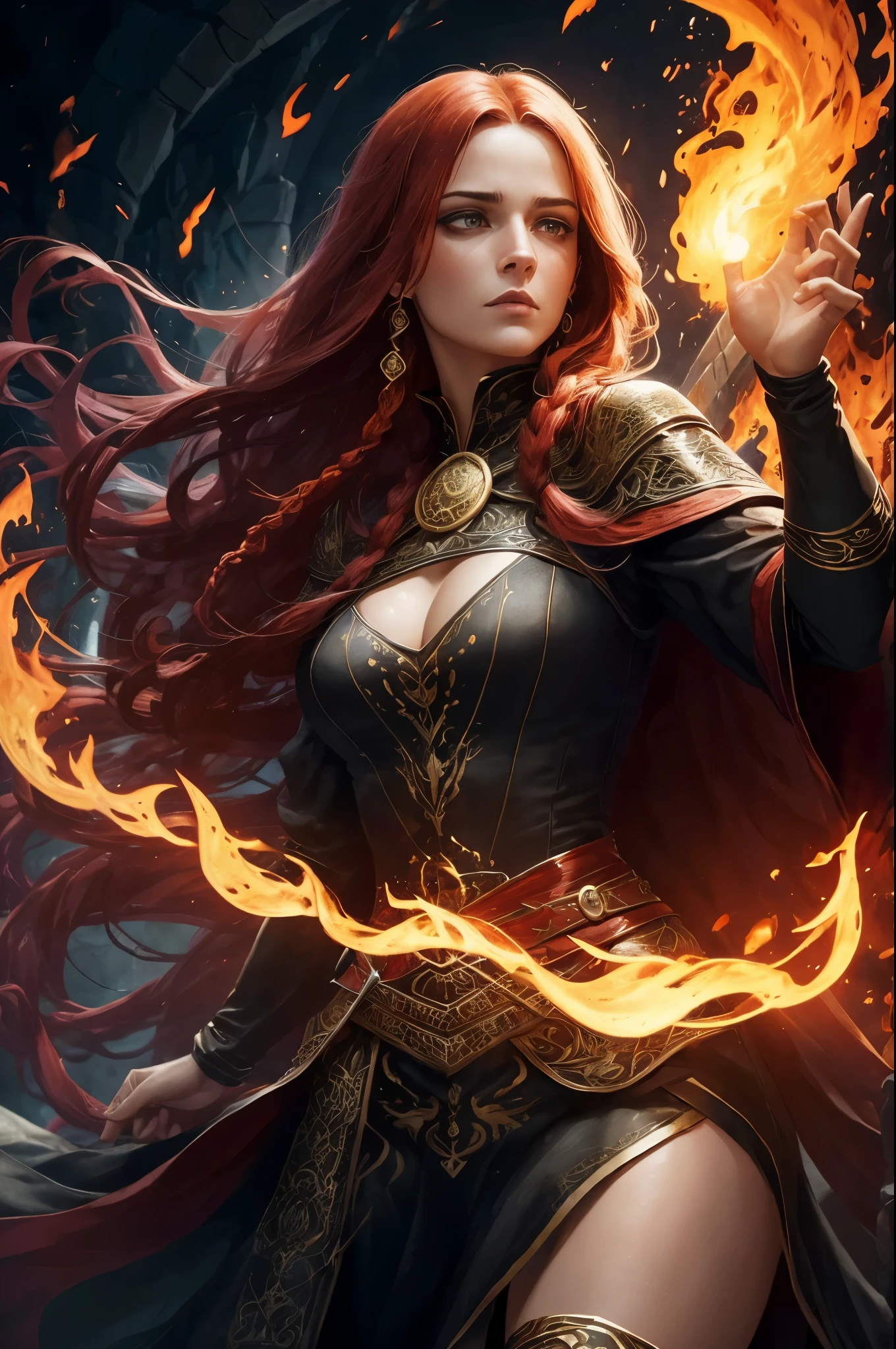 estilo rpg, woman with long braided red hair, olhos vermelhos, She has a furious expression on her face, ela tem por volta de 24 anos. she is wearing a black dress. The dress is long and covers the entire body, ela usa um vestido bem comportado. She is also wearing flat gold gladiator sandals... She releases fire magic from her hands and this fire is dense and powerful.. retrato de corpo todo. she is a fire sorceress. Ela possui magia de fogo. She is in a battle using her fire powers. Estilo medieval