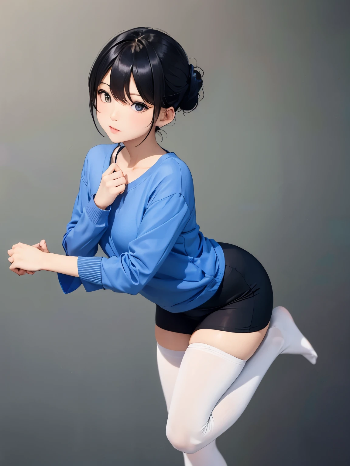 show entire body, photo image, Asian female, with a pixie hairstyle. Wearing a long blue shirt with the words on it say (hug me). With white tights and no shoes