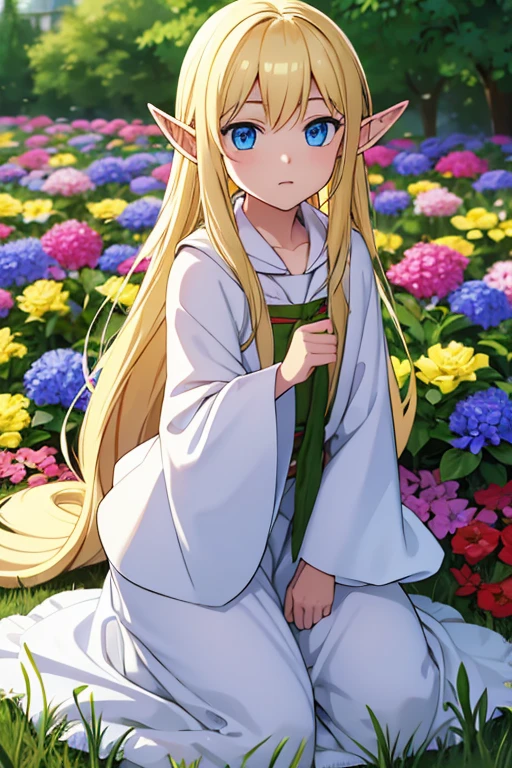 Very little elf boy, blond, with very long hair, with blue eyes, in flowers instead of clothes