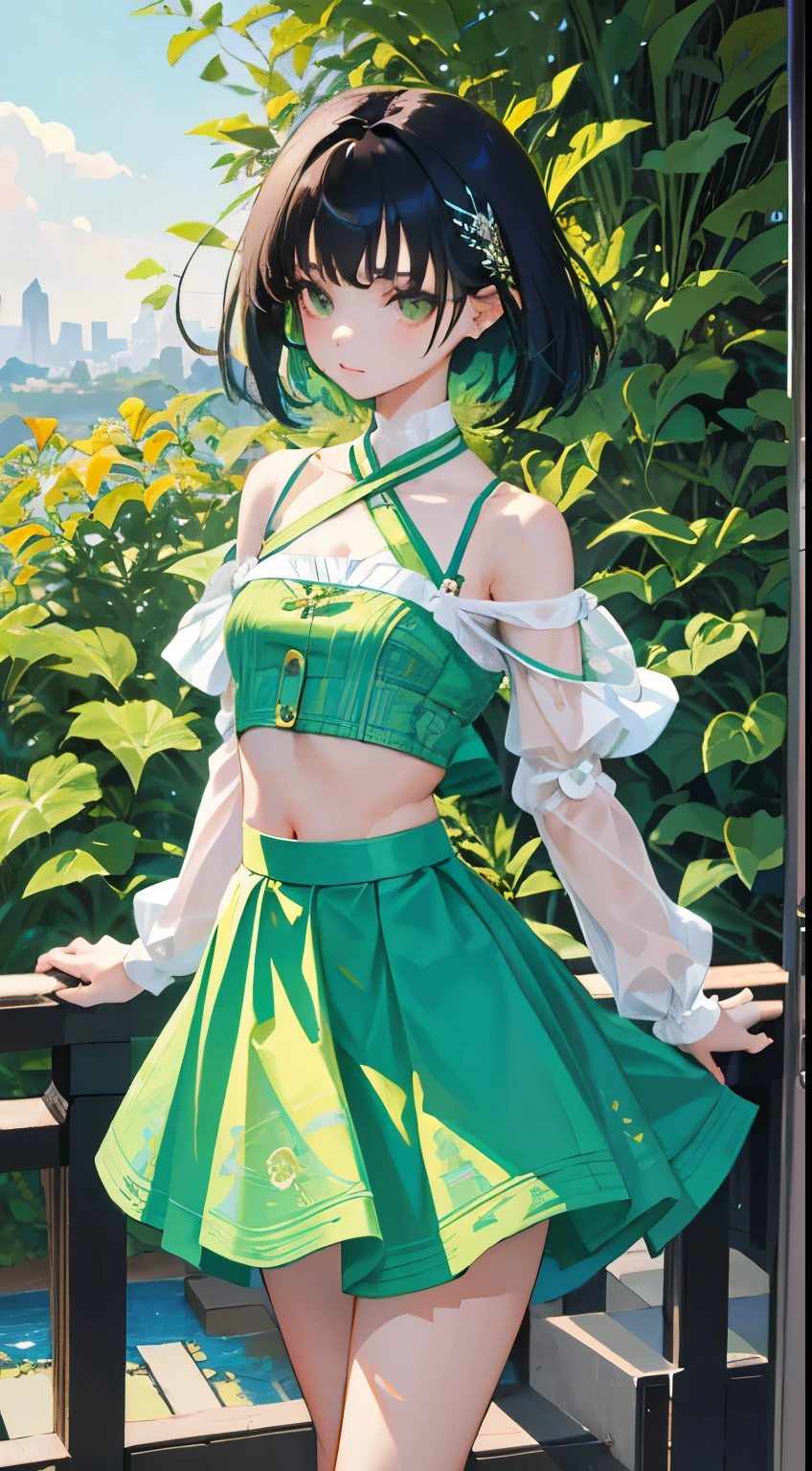 (short cute girl, young studeg delicate girl),(masterpiece,Top quality)、Crop Top Look,patterned light green skirt,skirt lift,Pinching skirts,long black hair,garden