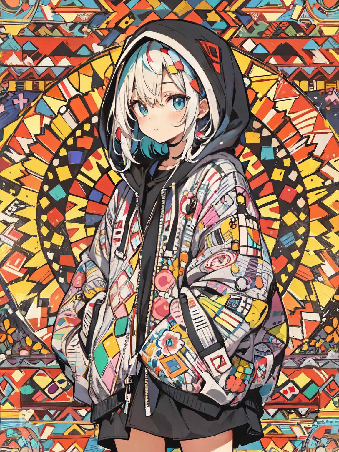 High-definition digital art with a mosaic of vibrant, multi-colored patterns and shapes forming the background, contrasting with the character's more subdued tones BREAK A front-facing angle capturing the character's upper body and face, with a relaxed posture and a slight tilt of the head BREAK A youthful character with short, pale hair and subtle blush marks on the cheeks, wearing a detailed hoodie with a geometric pattern and a casual expression BREAK A complex, kaleidoscopic background with an array of colors and shapes, possibly representing a stylized cityscape or an abstract, artistic rendition of urban life.