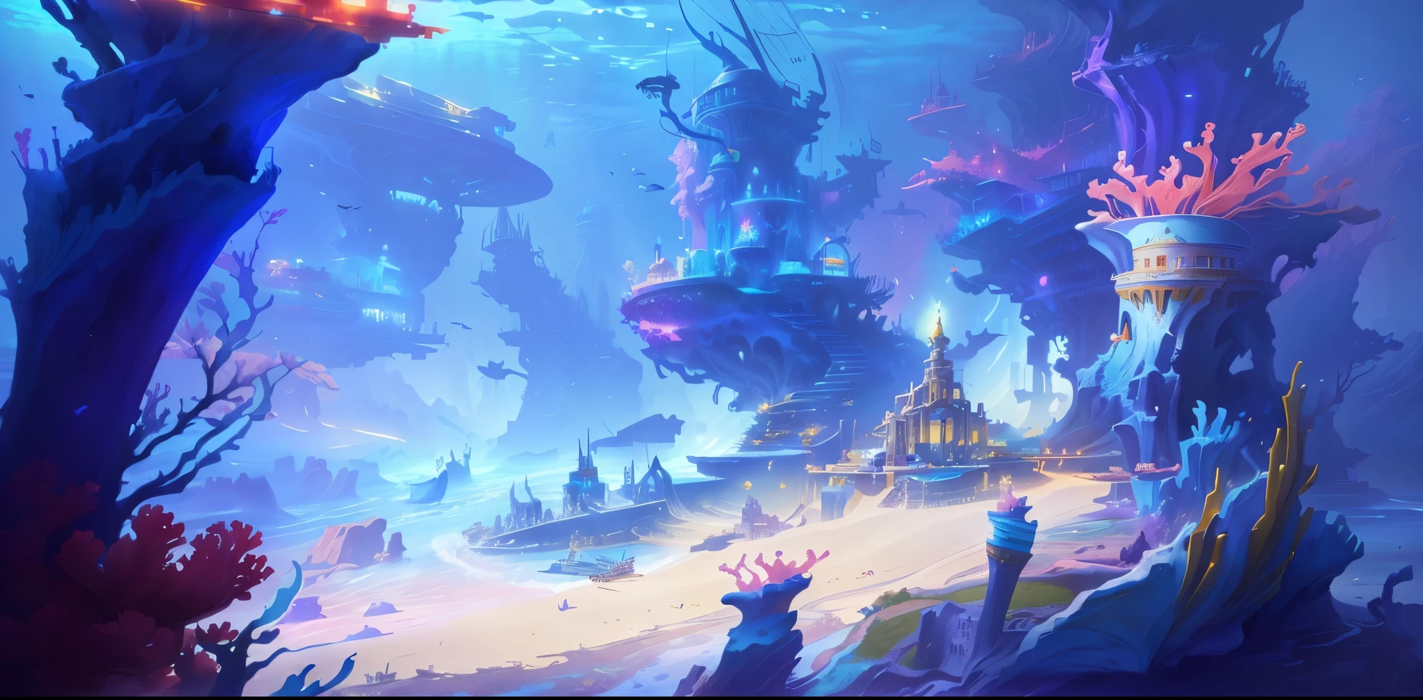 There is a painting of a small town in the middle of the ocean, Colorful concept art, stylized concept art, background art, background artwork, atlantis background, Undersea temple with fish, dream seascape, undersea environment, Concept art wallpaper 4K, official concept art, underwater city, an underwater city, underwater environment