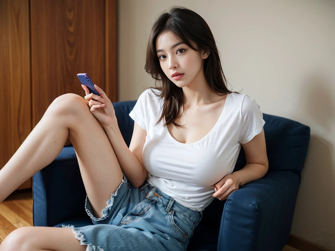 4K resolution, high quality image, natural lightning, realistic skin texture,  sexy girl, beuatiful face, natural skin,big , perfect body, perfect , sitting on a chair, living room legs open, wearing loose white t shirt, revelaing abit of cleavage, hot pants, sexy leg, relax position, casual, in the house, just woke up boring face, playing phone, b9th hands holding phone, horizontal