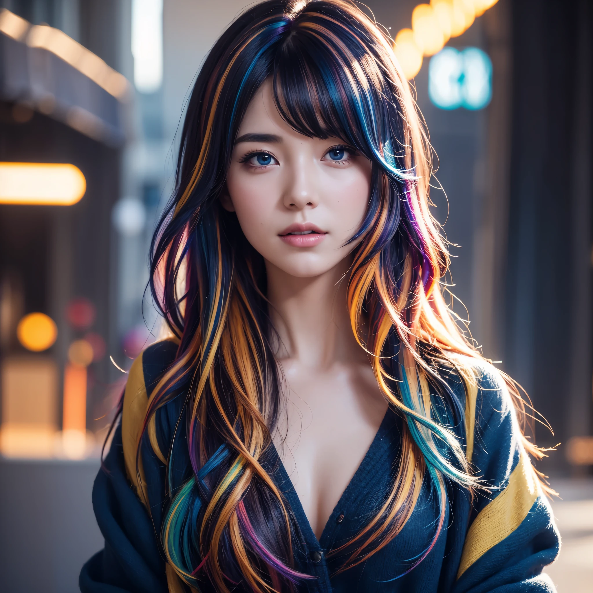 {{masterpiece}}, highest quality, Highly detailed CG Unity 8K wallpaper, cinematic lighting, Lens flare, beautiful detailed eyes, black, side line, multi-colored hair, colorful light, particle, heterochromia, (colorful:1.5), (colorful hair:1.5),
