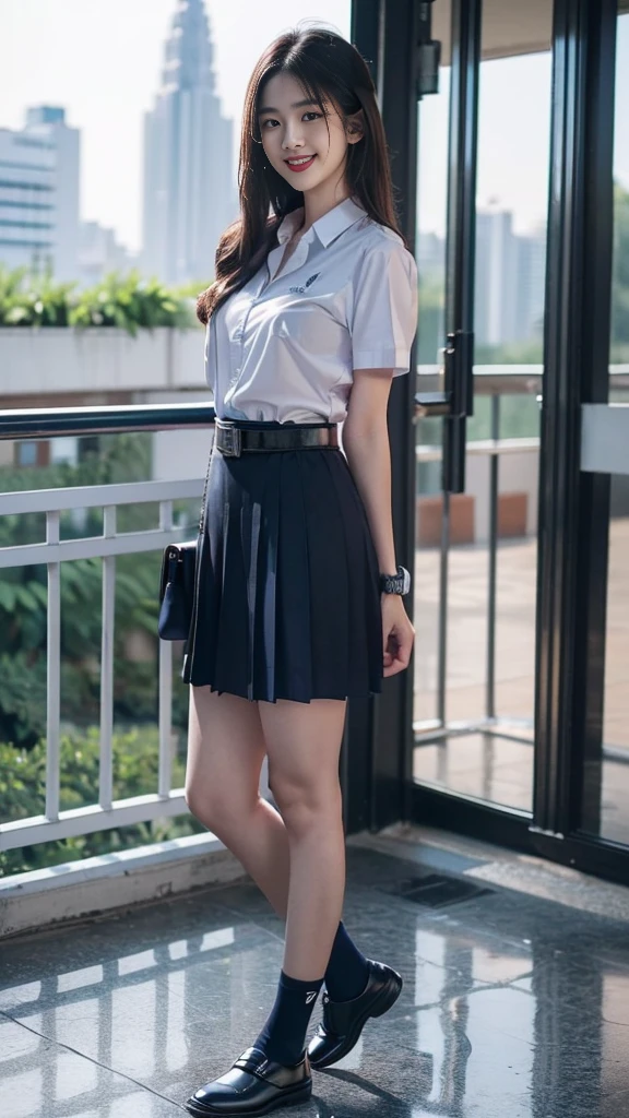 highest resolution, 8K, high definition, (((long hair))), (( thai student, half-caste, Thai-Japanese-Korean, Age 18-25 years, Height 173 centimeters)), (((stand, walk))) , (((Beautiful face, แต่งBeautiful face, Double eyelids, red lips, Smile at the corners of your mouth., Beautiful eyes))), ((beautiful woman, Real figure)), ((short sleeve, Thin white shirt, collar shirt)), ((Name embroidered in blue letters on the right chest of the shirt., have a name "Pornpitak" Rungruangpiwatsakul")), ((สัญลักษณ์โลโก้schoolที่อกซ้าย)), ((Dark blue long pleated skirt., Cover the whole leg)), ((Navy blue skirt, มีbeltผู้หญิง)), ((Big breasts, Breast augmentation)), ((Symmetrical figure, Sexy Body)), ((thin, small waist)), ((black elementary school shoes, Short white socks)), ((Wear a watch, belt)), ((Chanel Boy Medium 10 Black Caviar RHW Bag)), (((Full body, look at every part of the body))), ((background, balcony, building, school, building))