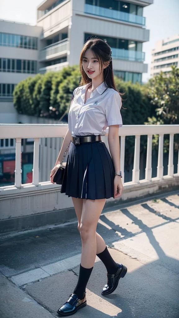 highest resolution, 8K, high definition, (((long hair))), (( thai student, half-caste, Thai-Japanese-Korean, Age 18-25 years, Height 173 centimeters)), (((stand, walk))) , (((Beautiful face, แต่งBeautiful face, Double eyelids, red lips, Smile at the corners of your mouth., Beautiful eyes))), ((beautiful woman, Real figure)), ((short sleeve, Thin white shirt, collar shirt)), ((Name embroidered in blue letters on the right chest of the shirt., have a name "Pornpitak" Rungruangpiwatsakul")), ((สัญลักษณ์โลโก้schoolที่อกซ้าย)), ((Dark blue long pleated skirt., Cover the whole leg)), ((Navy blue skirt, มีbeltผู้หญิง)), ((Big breasts, Breast augmentation)), ((Symmetrical figure, Sexy Body)), ((thin, small waist)), ((black elementary school shoes, Short white socks)), ((Wear a watch, belt)), ((Chanel Boy Medium 10 Black Caviar RHW Bag)), (((Full body, look at every part of the body))), ((background, balcony, building, school, building))