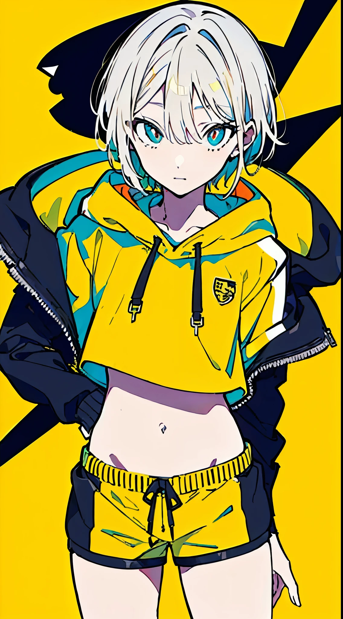 (masterpiece, highest quality:1.6), alone, thick outline, (simple background, Dark yellow background, monochrome, dark yellow theme:1.2), official art, Key Visual, 8K, disorganized, whole body, (Unique hair, Oversized Hoodies, hot pants, arch back, short torso:1.2), belly on, thighs, cowboy shot, HDR, sharp focus, High resolution, most detailed, very detailed, Super detailed, finely, detailed eyes and face, sharp pupils, realistic student