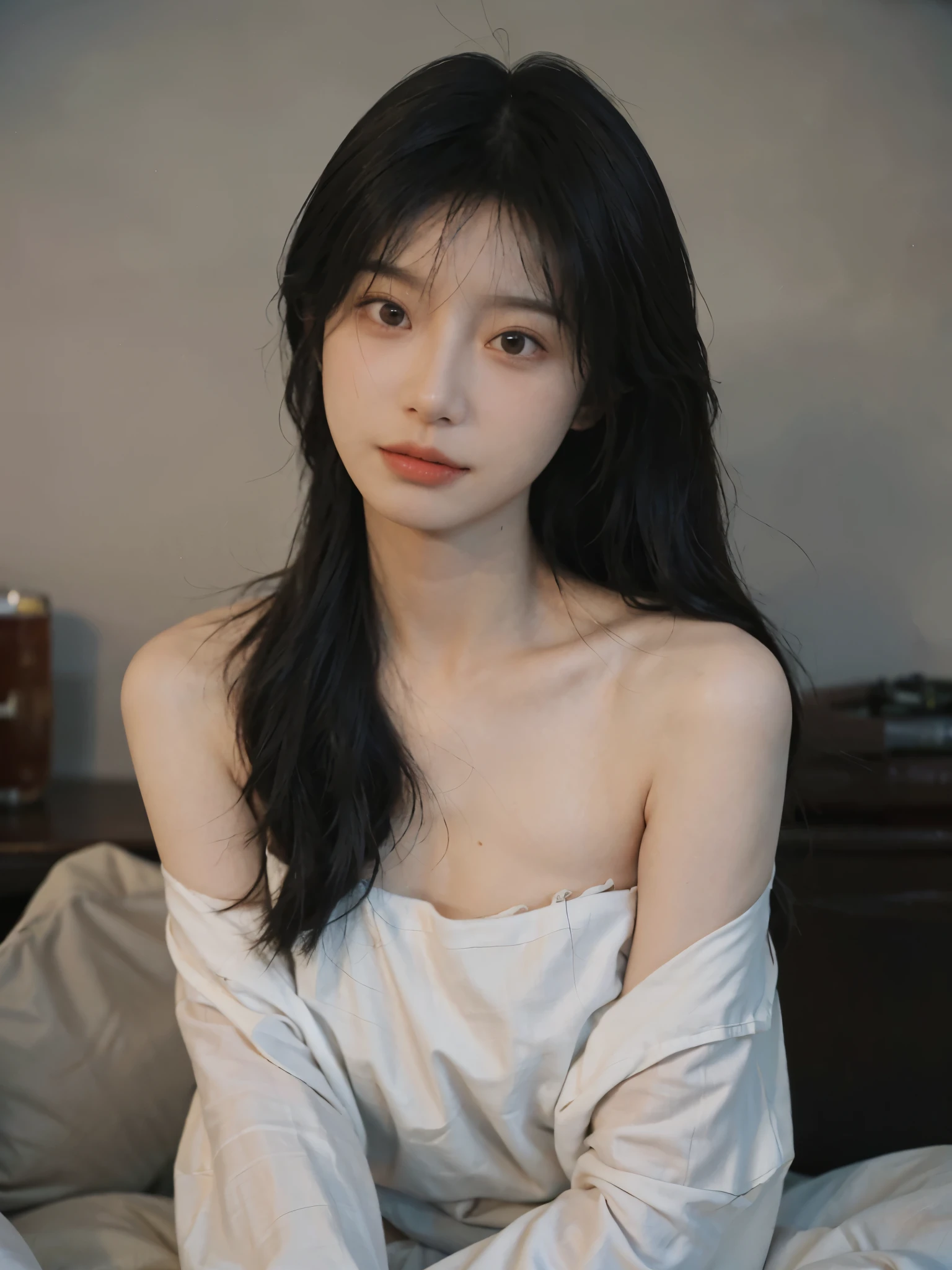 Film portrait photography, 1 girl, bare shoulders, Shoulder length wavy hair, serene, calm, (Realistic and detailed eyes, natural skin texture, Realistic facial details), Soft dramatic lighting, depth of field, Bokeh, Vibrant details, Detailed and detailed, Surrealism, 35mm film, hazy, ,