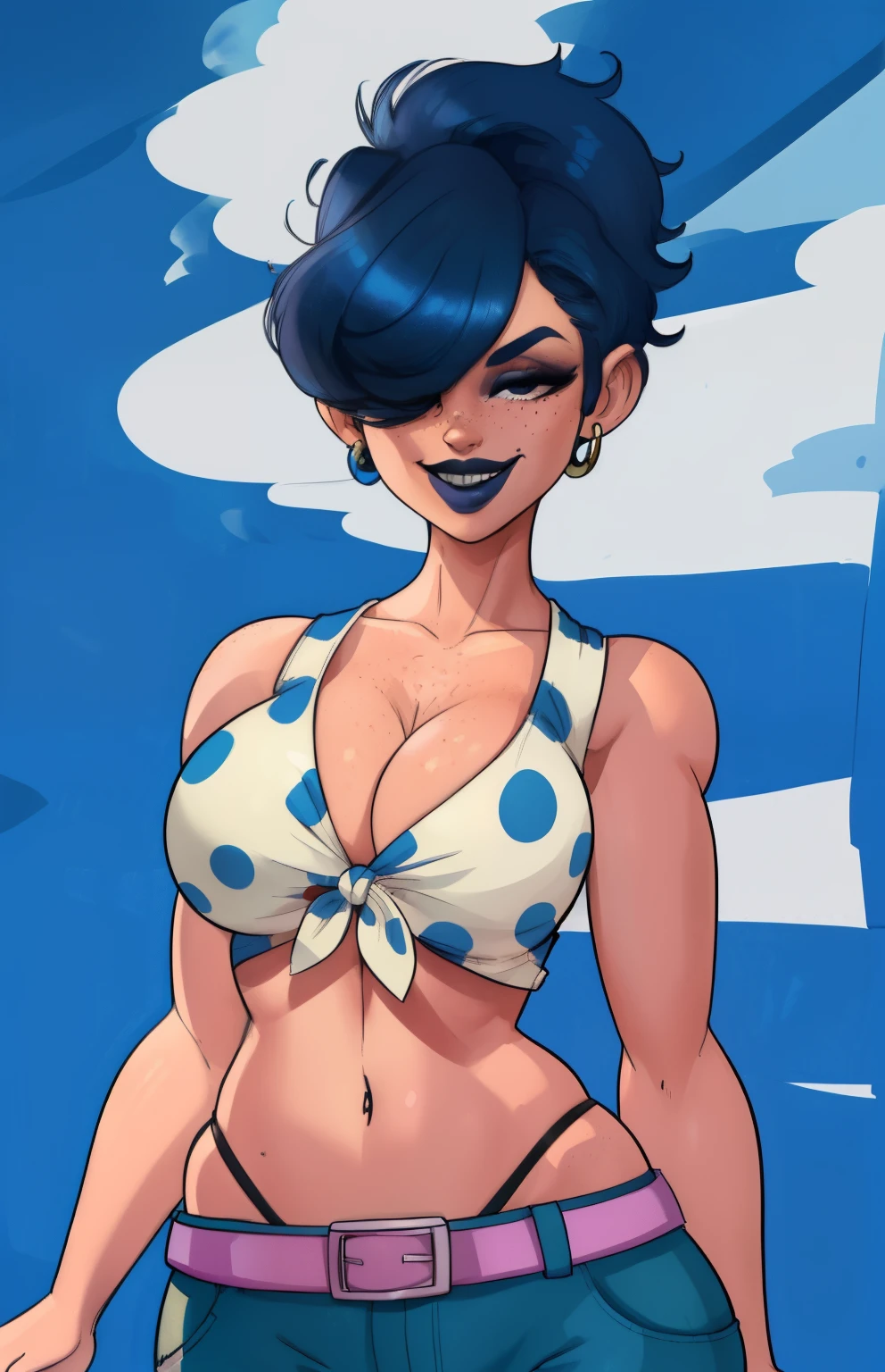 MarieK,short blue hair,ear piercing,hair over one eye,freckles,black eyes,makeup,
standing,smiling, upper body, exptic pose,,midriff,belt, cartoon
picket fence,morning, solo, flashing busty breasts
(insanely detailed, beautiful detailed face, masterpiece, best quality) trailer park bakground