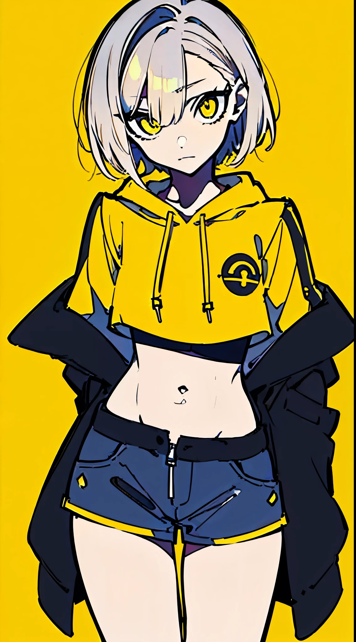 (masterpiece, highest quality:1.6), alone, thick outline, (simple background, Dark yellow background, monochrome, dark yellow theme:1.2), official art, Key Visual, 8K, disorganized, whole body, (Unique hair, Oversized Hoodies, hot pants, arch back, short torso:1.2), belly button, thighs, cowboy shot, HDR, sharp focus, High resolution, most detailed, very detailed, Super detailed, finely, detailed eyes and face, sharp pupils, realistic student