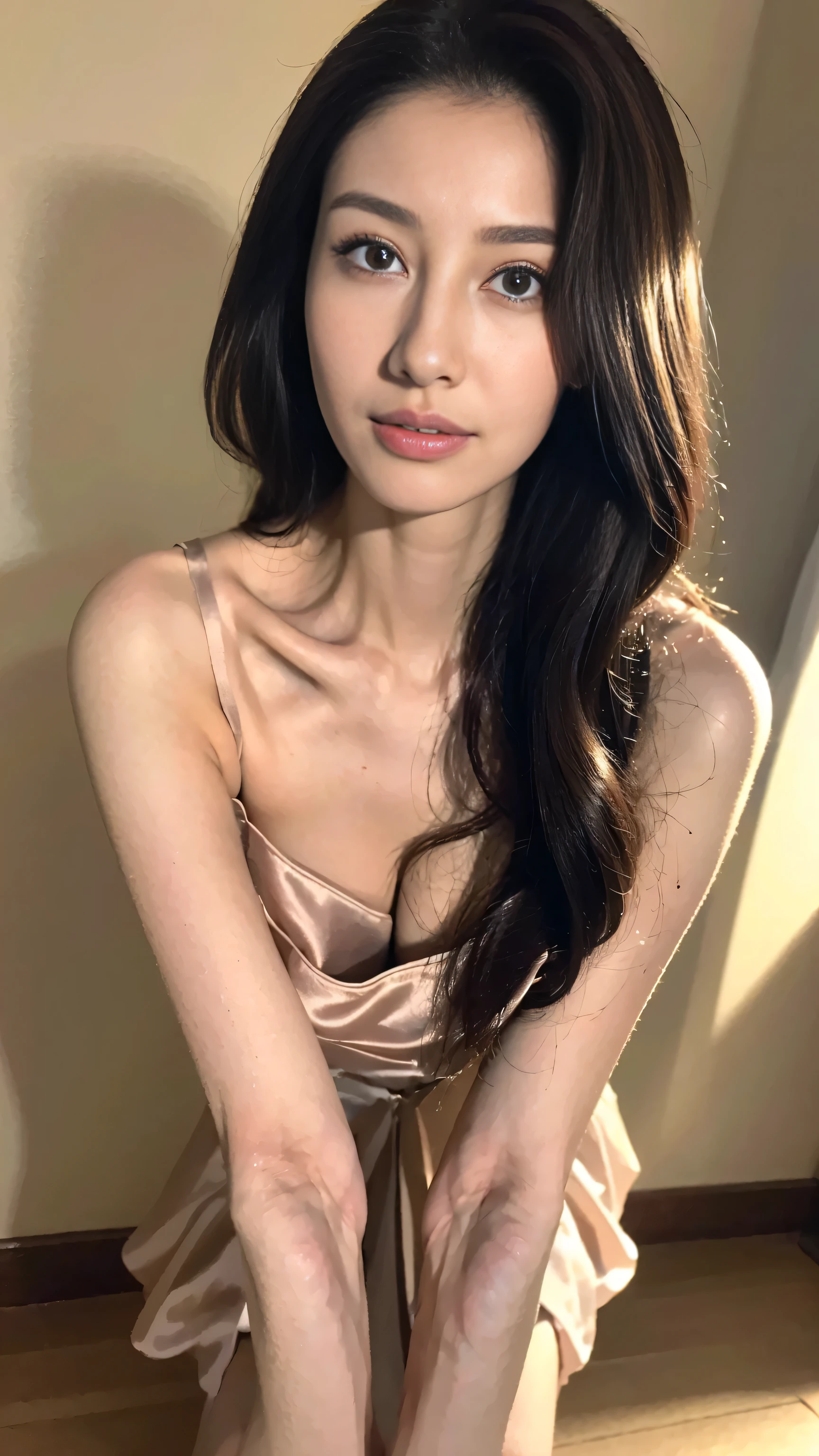 ((top quality, 8k, masterpiece: 1.3)), beautiful girl, 1 female, huge: 1.3, slender figure: 1.1, toned abs, a happy expression, dark brown hair, maid uniform, Super detailed faces, Detailed lips, exquisite eyes, double eyelids, kneeling,