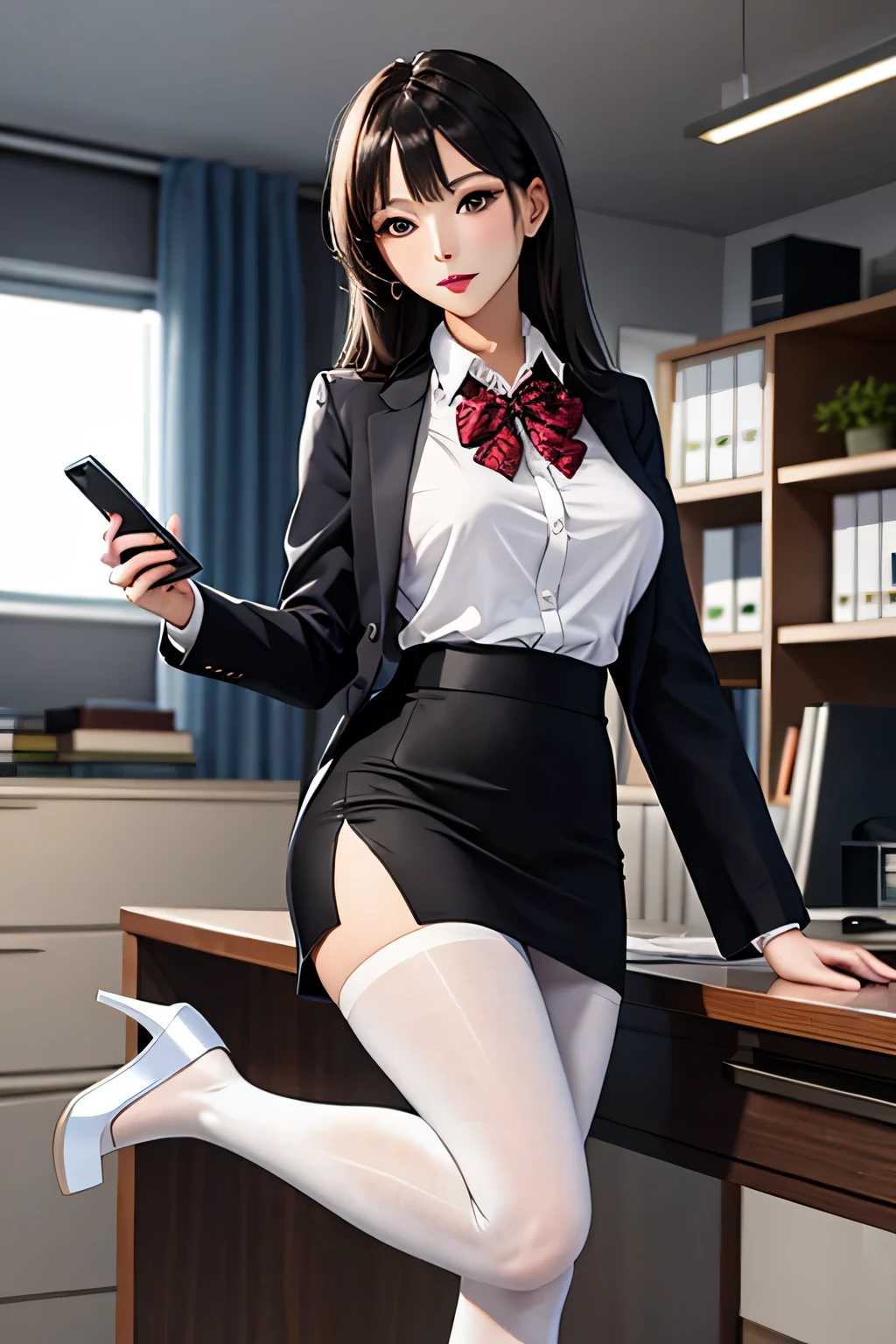 Super short skinny skirt with hips,Royal sister，white pantyhose，big breasts，Sexy，temperament，bow tie，High heel，business attire，office，long hair