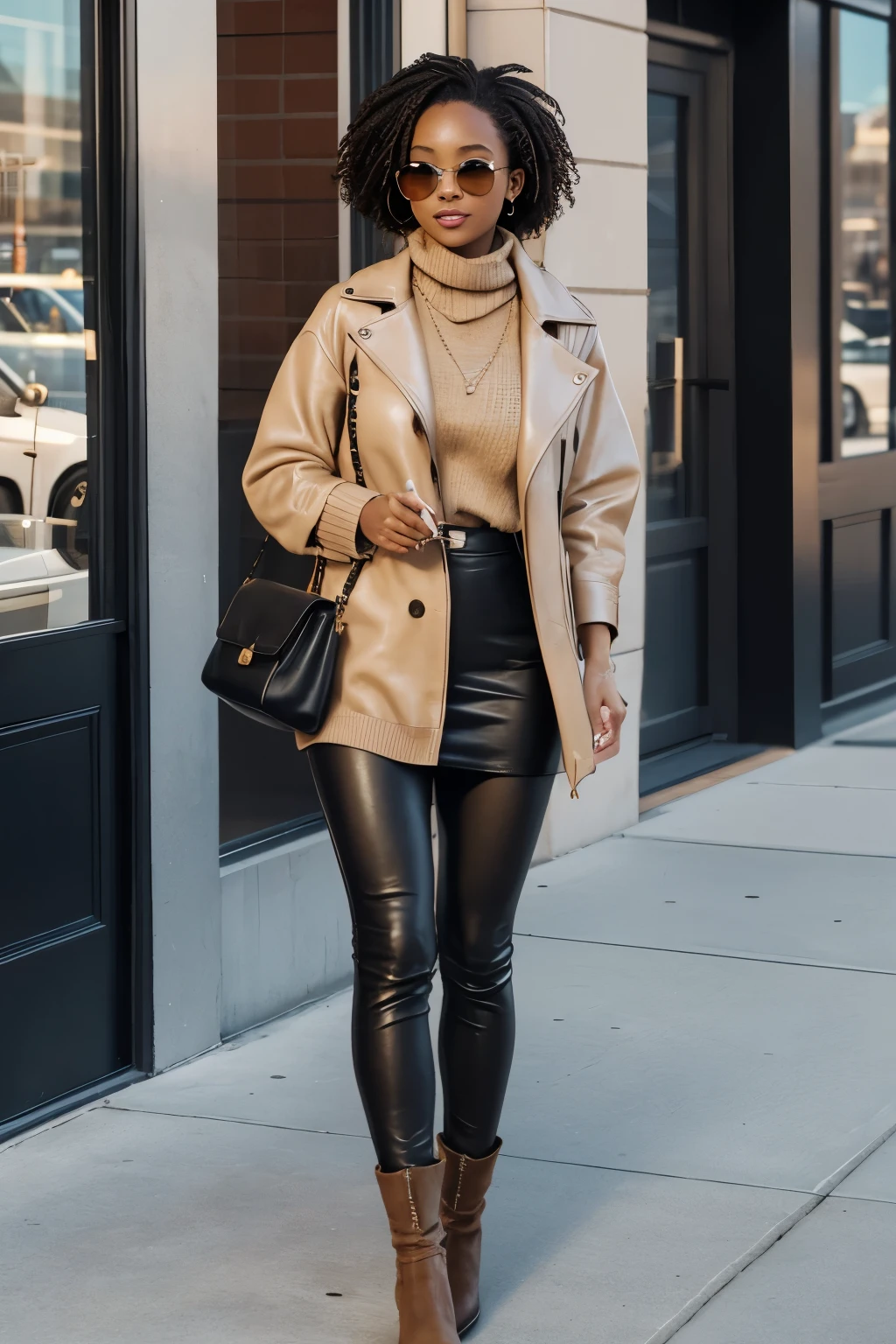 African American female, medium complexion, with a sprinkle of freckles. Standing at 5'8, big breasts, urban style, https://image.cdn2.seaart.ai/2024-01-26/cmppavle878c73da8afg/095f7794bbde93142c953b6bfb3147795a7067ab_high.webp, at the wharf in Washington DC, wearing a beige oversized knit sweater, a leather jacket, leggings, ankle boots, a crossbody bag in a contrasting color, chic sunglasses, strolling across the waterfront with a cup of coffee