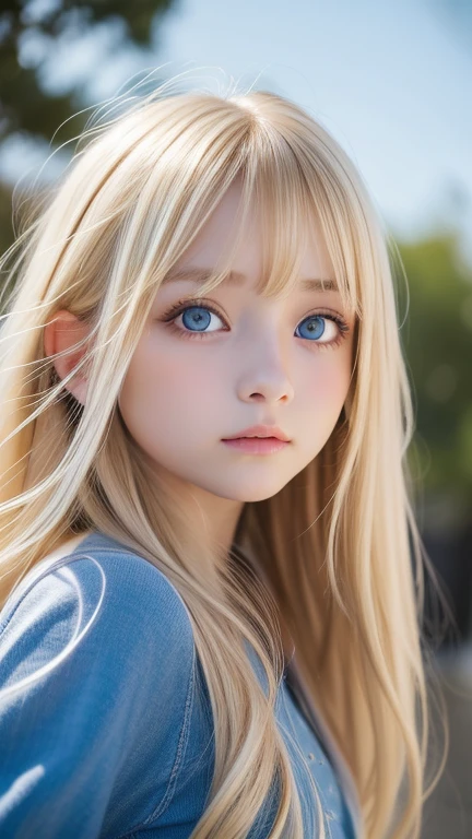 very beautiful face、Beautiful, extremely long blonde hair dancing in the strong wind、Bangs swaying between eyes、12 year old cute bright blue big eyed blonde girl、very big eyes、hair above eyes、片hair above eyes、hair between eyes、small face beautiful girl、