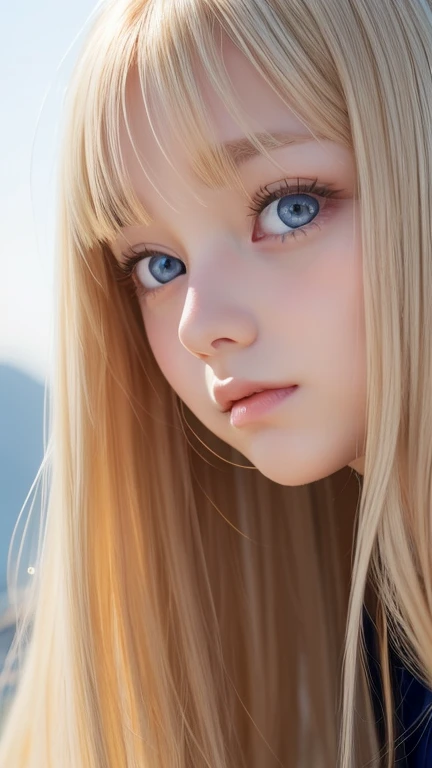 very beautiful face、Beautiful, extremely long blonde hair dancing in the strong wind、Bangs swaying between eyes、12 year old cute bright blue big eyed blonde girl、very big eyes、hair above eyes、片hair above eyes、hair between eyes、small face beautiful girl、