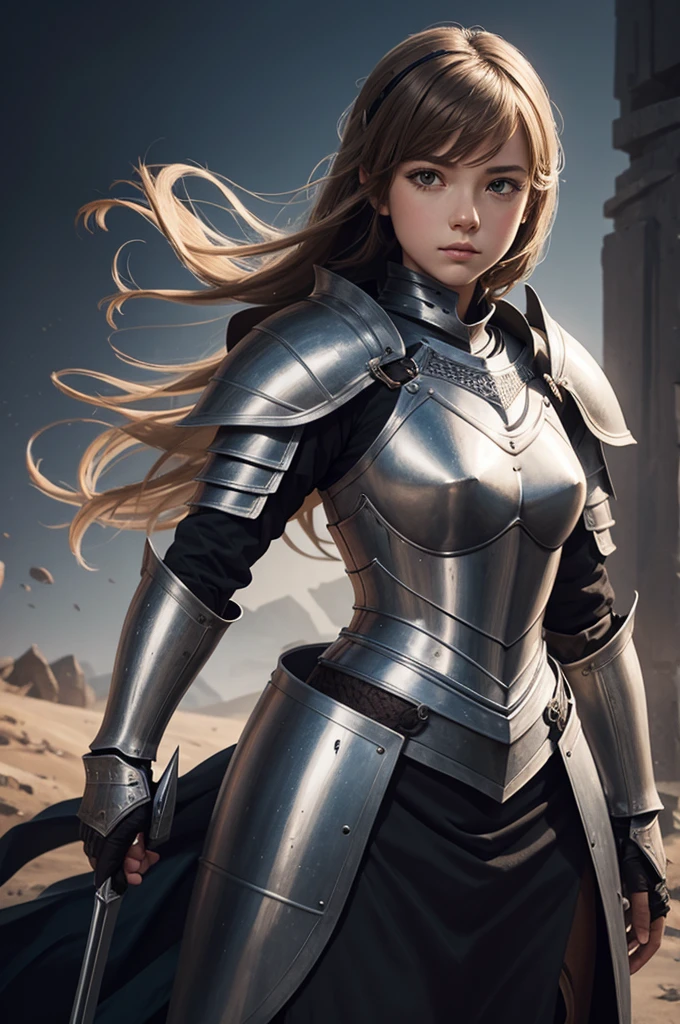 Illustration of a girl knight in armor.