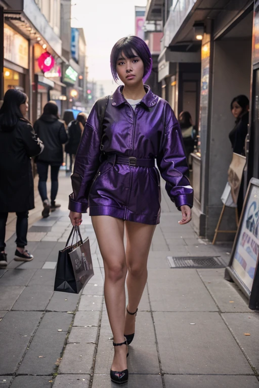 Full body, standing , (RAW photo, highest quality), (realistic, photorealistic) Fei Liang 25 year old Asian girl, beautilul and very detailed face, punk haircut, black hair with a purple streak, looking at the camera, walking down a sidewalk shitting 1 shopping bag in his right hand, windows displaying mannequins in women's clothing in the background