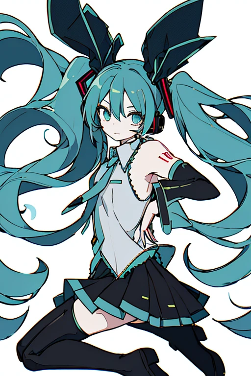 masterpiece, intricate details,highest quality, chromatic aberration, 1 girl, alone, skirt, hatsune miku, long hair, Thighhighs, twin tails, removed sleeve, tie, thigh boots, shirt, boots, black skirt, kneel down, No sleeve, headset, aqua eye, pleated skirt, aqua hair, whole body, No sleeve shirt, simple background, zettai ryouiki, very long hair, white background, tattoo, black shoes, black Thighhighs, hair ornaments