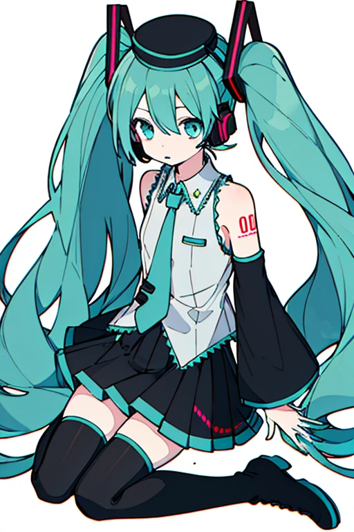 masterpiece, intricate details,highest quality, chromatic aberration, 1 girl, alone, skirt, hatsune miku, long hair, Thighhighs, twin tails, removed sleeve, tie, thigh boots, shirt, boots, black skirt, kneel down, No sleeve, headset, aqua eye, pleated skirt, aqua hair, whole body, No sleeve shirt, simple background, zettai ryouiki, very long hair, white background, tattoo, black shoes, black Thighhighs, hair ornaments