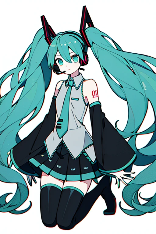 masterpiece, intricate details,highest quality, chromatic aberration, 1 girl, alone, skirt, hatsune miku, long hair, Thighhighs, twin tails, removed sleeve, tie, thigh boots, shirt, boots, black skirt, kneel down, No sleeve, headset, aqua eye, pleated skirt, aqua hair, whole body, No sleeve shirt, simple background, zettai ryouiki, very long hair, white background, tattoo, black shoes, black Thighhighs, hair ornaments