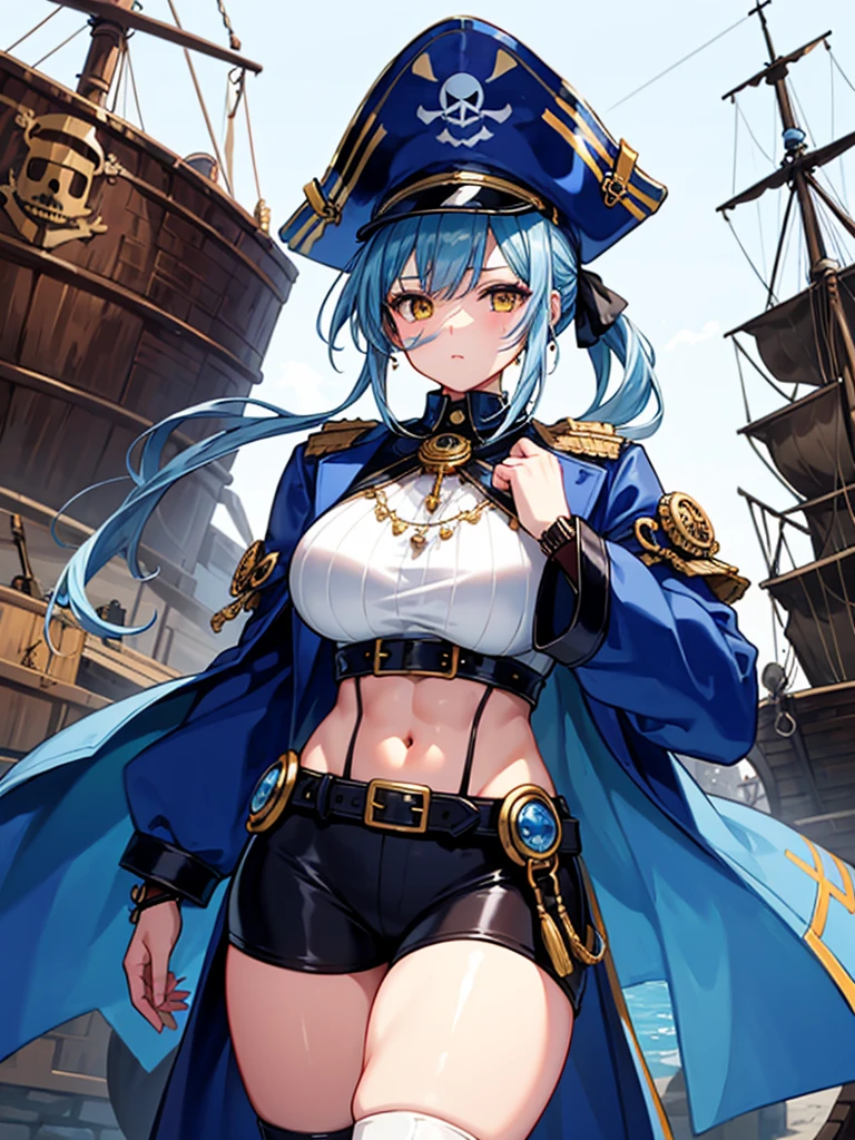 (((masterpiece、Highest image quality、highest quality、highly detailed unity 8kwallpaper)))、((Illustration of one girl、upper body))、(((beautiful girl)))、(female pirate)、(Light light blue hair、short ponytail:1.2、yellow eyes)、(((Right hand is a prosthetic hand、steampunk prosthetic arm)))、((tall))、(((muscle girl, muscle, bulky figure, massive frame, thick neck, sturdy arms, powerful legs)))、(captain's suit、Pirate hat、Blue coat)、Pirate ship deck
