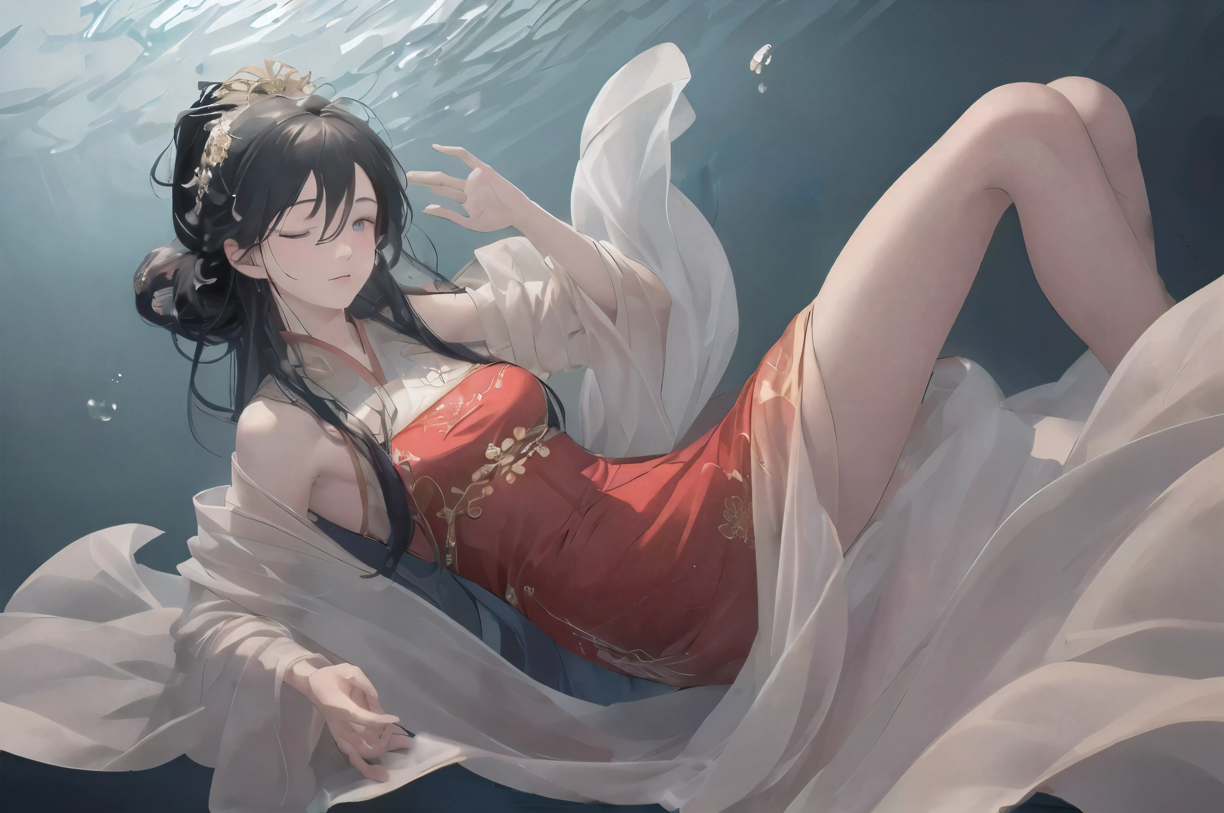 (masterpiece, best quality,Detailed face,dramatic_angle), One wearing a red dress、girl with long flowing hair, Inspired by the character Murong Yanling, Queen of the Sea. She floats under the deep sea, Wearing traditional Chinese Hanfu clothing. Her hair flows gracefully as she floats, (hair between eyes,thick hair),her robes billowing around her. The work was created by the talented artist Yang Jie. The scene is set in a fantasy world, The girl floated in midair, strike an elegant pose. The artwork shows a full body view of the girl, Capture her fairy style. The girl has a cute and lazy temperament like a princess, Get inspired by the artwork of Artgerm and Atey Ghailan. The color palette is rich and vibrant, A mix of dark tones and soft pastels. The lighting is very atmospheric, Casts a soft glow over the scene, Highlight the girl&#39;s features and add depth to the artwork. The overall quality of the images is top-notch, Featuring ultra-fine details and photorealistic rendering. The artwork is a masterpiece, Resolution is 4k or 8k, Ensure every brushstroke and texture is meticulously captured,(Tyndall effect,bloom)