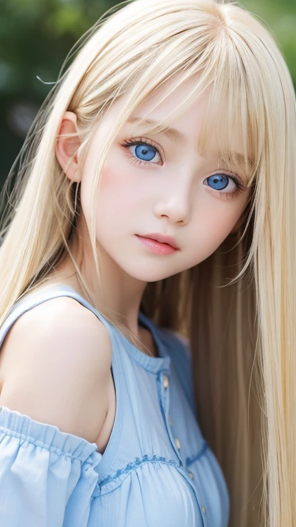 very beautiful face、Beautiful, extremely long blonde hair dancing in the strong wind、Bangs swaying between eyes、12 year old cute bright blue big eyed blonde girl、very big eyes、hair above eyes、片hair above eyes、hair between eyes、small face beautiful girl、cheek gloss highlight、Extremely pure white skin