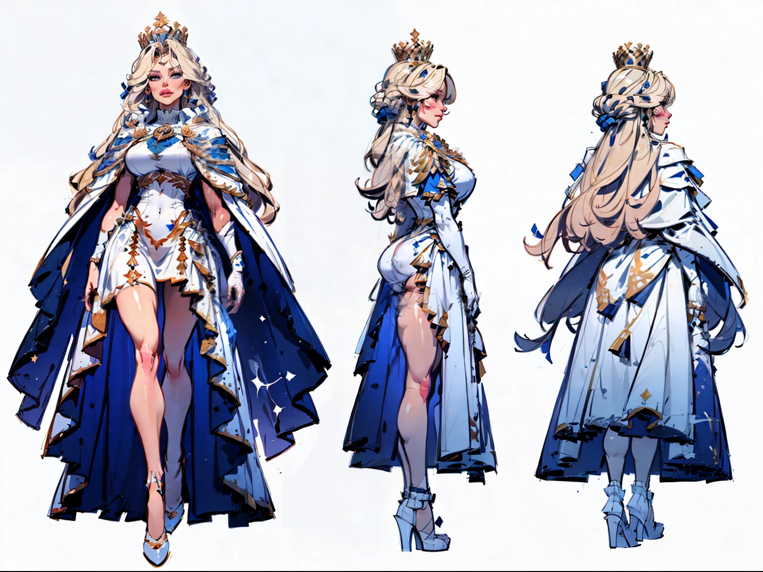 ((masterpiece)),(((best quality))),((character design sheet)), illustration,1woman, environment Scene change,  muscular, (white skin:1.4), white legs, thick legs, (royalty cape:1.5), scribbles and marks, fire, ((detailed face:1.1)), rough sketches, pose too, blonde and white color palette, 8k,16k, (simple background, light background: 1.3)